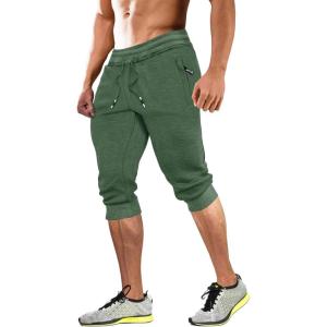 imageMAGCOMSEN Mens 34 Joggers Capri Pants with Zipper Pockets Slim Fit Training Running Workout Capri JoggersPea Green