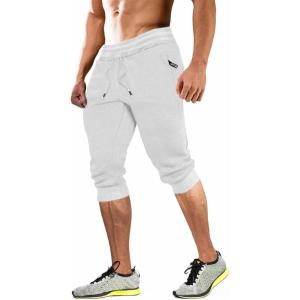 imageMAGCOMSEN Mens 34 Joggers Capri Pants with Zipper Pockets Slim Fit Training Running Workout Capri JoggersWhite