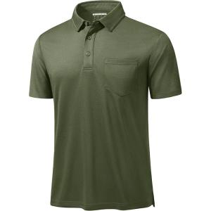 imageMAGCOMSEN Polo Shirts for Men with Pocket Short Sleeve Collared Golf Shirts Quick Dry Pique Performance Athletic SummerArmy Green