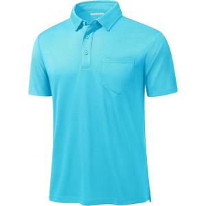 imageMAGCOMSEN Polo Shirts for Men with Pocket Short Sleeve Collared Golf Shirts Quick Dry Pique Performance Athletic SummerIce Blue