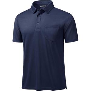 imageMAGCOMSEN Polo Shirts for Men with Pocket Short Sleeve Collared Golf Shirts Quick Dry Pique Performance Athletic SummerNavy