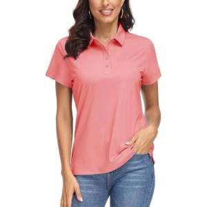 imageMAGCOMSEN Womens Polo Shirts UPF 50 Sun Protection 4 Buttons Casual Work Quick Dry Short Sleeve Collared Golf ShirtLight Pink