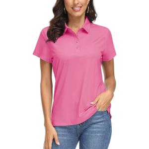 imageMAGCOMSEN Womens Polo Shirts UPF 50 Sun Protection 4 Buttons Casual Work Quick Dry Short Sleeve Collared Golf ShirtRose