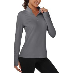 imageMAGCOMSEN Womens Running Shirts Quarter Zip Fleece Pullover Long Sleeve Thumb Hole Tee Athletic Workout TopsDark Grey