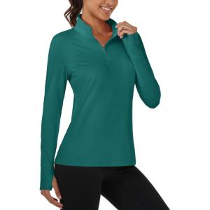 imageMAGCOMSEN Womens Running Shirts Quarter Zip Fleece Pullover Long Sleeve Thumb Hole Tee Athletic Workout TopsEmerald Green