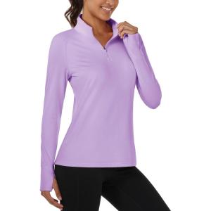 imageMAGCOMSEN Womens Running Shirts Quarter Zip Fleece Pullover Long Sleeve Thumb Hole Tee Athletic Workout TopsLight Purple