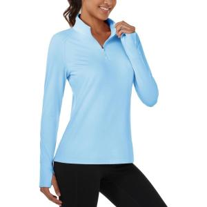 imageMAGCOMSEN Womens Running Shirts Quarter Zip Fleece Pullover Long Sleeve Thumb Hole Tee Athletic Workout TopsLight Sky Blue