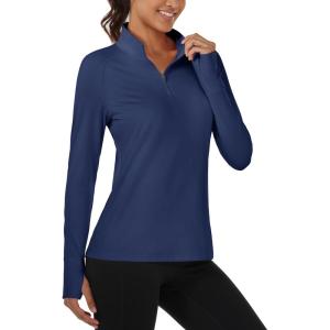 imageMAGCOMSEN Womens Running Shirts Quarter Zip Fleece Pullover Long Sleeve Thumb Hole Tee Athletic Workout TopsNavy