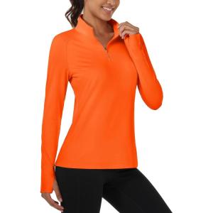 imageMAGCOMSEN Womens Running Shirts Quarter Zip Fleece Pullover Long Sleeve Thumb Hole Tee Athletic Workout TopsOrange