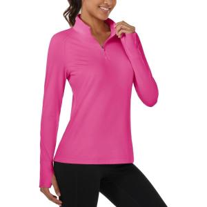 imageMAGCOMSEN Womens Running Shirts Quarter Zip Fleece Pullover Long Sleeve Thumb Hole Tee Athletic Workout TopsRose Red