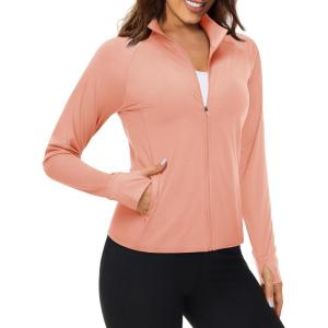 imageMAGCOMSEN Womens UPF 50 Lightweight Athletic Jackets Cropped Zip Up Long Sleeve Running Shirts with Thumb HolesApricot