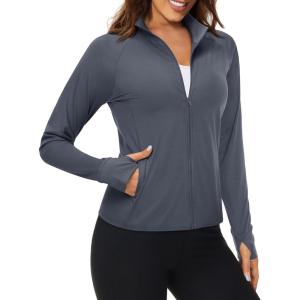 imageMAGCOMSEN Womens UPF 50 Lightweight Athletic Jackets Cropped Zip Up Long Sleeve Running Shirts with Thumb HolesDark Grey