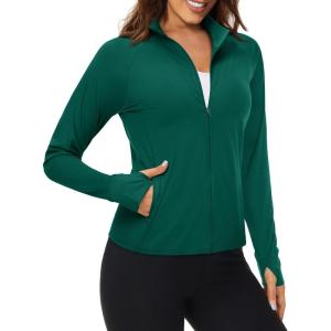 imageMAGCOMSEN Womens UPF 50 Lightweight Athletic Jackets Cropped Zip Up Long Sleeve Running Shirts with Thumb HolesEmerald Green