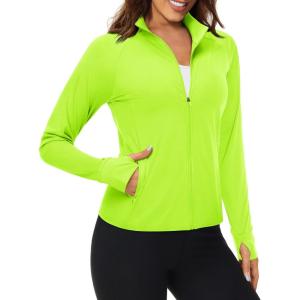 imageMAGCOMSEN Womens UPF 50 Lightweight Athletic Jackets Cropped Zip Up Long Sleeve Running Shirts with Thumb HolesFluorescent Green