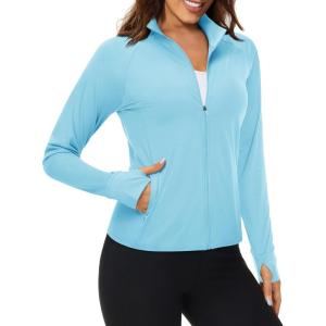 imageMAGCOMSEN Womens UPF 50 Lightweight Athletic Jackets Cropped Zip Up Long Sleeve Running Shirts with Thumb HolesLight Blue