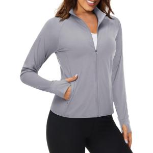 imageMAGCOMSEN Womens UPF 50 Lightweight Athletic Jackets Cropped Zip Up Long Sleeve Running Shirts with Thumb HolesLight Grey