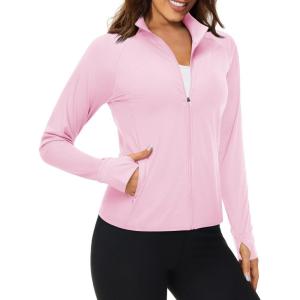 imageMAGCOMSEN Womens UPF 50 Lightweight Athletic Jackets Cropped Zip Up Long Sleeve Running Shirts with Thumb HolesLight Pink