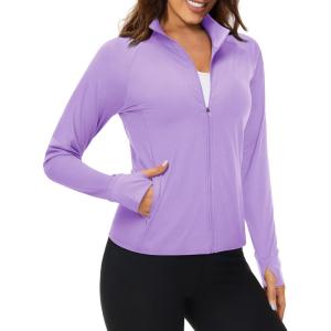 imageMAGCOMSEN Womens UPF 50 Lightweight Athletic Jackets Cropped Zip Up Long Sleeve Running Shirts with Thumb HolesLight Purple