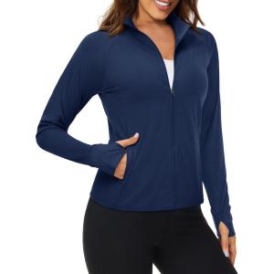 imageMAGCOMSEN Womens UPF 50 Lightweight Athletic Jackets Cropped Zip Up Long Sleeve Running Shirts with Thumb HolesNavy