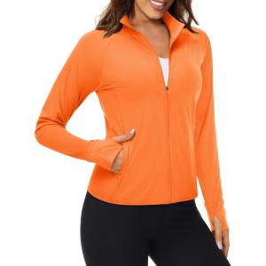 imageMAGCOMSEN Womens UPF 50 Lightweight Athletic Jackets Cropped Zip Up Long Sleeve Running Shirts with Thumb HolesOrange