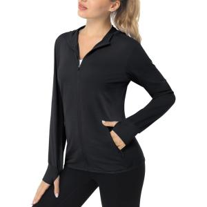 imageMAGCOMSEN Womens UPF 50 Sun Protection Jacket Long Sleeve Zip Up Cooling Lightweight Hoodie Hiking ShirtBlack