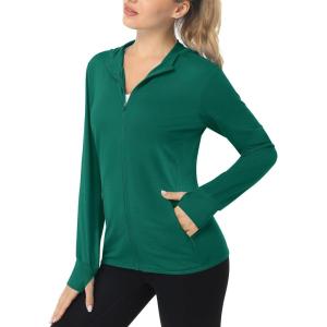 imageMAGCOMSEN Womens UPF 50 Sun Protection Jacket Long Sleeve Zip Up Cooling Lightweight Hoodie Hiking ShirtEmerald Green