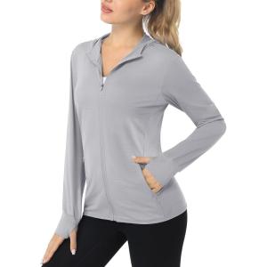 imageMAGCOMSEN Womens UPF 50 Sun Protection Jacket Long Sleeve Zip Up Cooling Lightweight Hoodie Hiking ShirtLight Grey