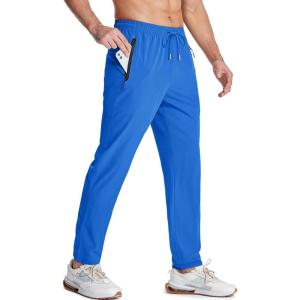 imageMAGCOMSEN Mens Lightweight Hiking Pants Quick Dry Running Pants with Zipper Pockets Open Bottom Sweatpants WorkoutBright Blue