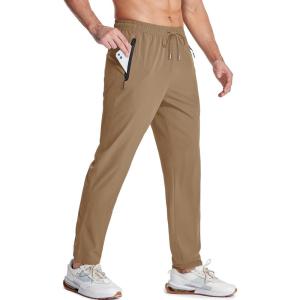 imageMAGCOMSEN Mens Lightweight Hiking Pants Quick Dry Running Pants with Zipper Pockets Open Bottom Sweatpants WorkoutKhaki