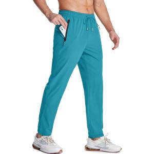 imageMAGCOMSEN Mens Lightweight Hiking Pants Quick Dry Running Pants with Zipper Pockets Open Bottom Sweatpants WorkoutLake Blue