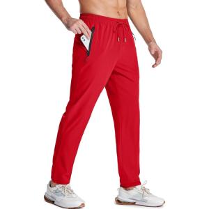 imageMAGCOMSEN Mens Lightweight Hiking Pants Quick Dry Running Pants with Zipper Pockets Open Bottom Sweatpants WorkoutTomato Red