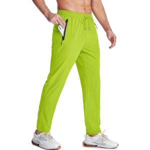 imageMAGCOMSEN Mens Lightweight Hiking Pants Quick Dry Running Pants with Zipper Pockets Open Bottom Sweatpants WorkoutYellow Green