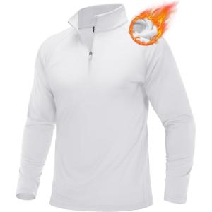 imageMAGCOMSEN Mens Quarter Zip Pullover Long Sleeve Sweatshirts Fleece Lined Golf Pullover Thermal Gym Workout TopsWhite