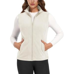 imageMAGCOMSEN Womens Fleece Vest Outerwear Sleeveless Lightweight Zip Jackets Warm Soft Vests with Zipper PocketsBeige