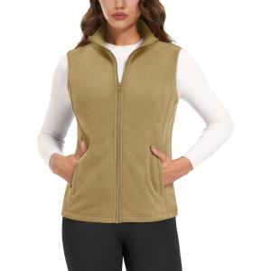 imageMAGCOMSEN Womens Fleece Vest Outerwear Sleeveless Lightweight Zip Jackets Warm Soft Vests with Zipper PocketsKhaki