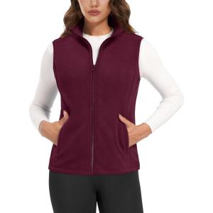 imageMAGCOMSEN Womens Fleece Vest Outerwear Sleeveless Lightweight Zip Jackets Warm Soft Vests with Zipper PocketsWine Red