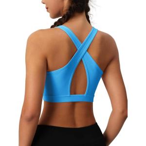 imageMAGCOMSEN Womens Sports Bras Cross Back Wireless Padded Bra Wide Strap Low Impact MoistureWicking for Workout Gym YogaAzure