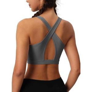 imageMAGCOMSEN Womens Sports Bras Cross Back Wireless Padded Bra Wide Strap Low Impact MoistureWicking for Workout Gym YogaDark Grey