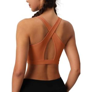 imageMAGCOMSEN Womens Sports Bras Cross Back Wireless Padded Bra Wide Strap Low Impact MoistureWicking for Workout Gym YogaDark Orange