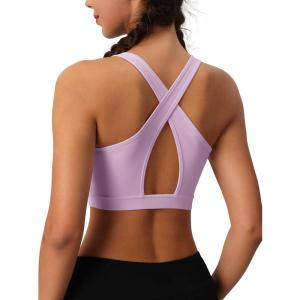 imageMAGCOMSEN Womens Sports Bras Cross Back Wireless Padded Bra Wide Strap Low Impact MoistureWicking for Workout Gym YogaGrey Purple