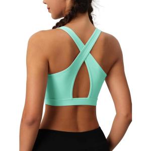 imageMAGCOMSEN Womens Sports Bras Cross Back Wireless Padded Bra Wide Strap Low Impact MoistureWicking for Workout Gym YogaLake Blue