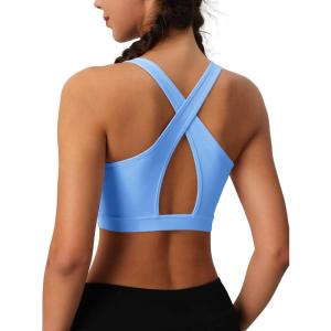 imageMAGCOMSEN Womens Sports Bras Cross Back Wireless Padded Bra Wide Strap Low Impact MoistureWicking for Workout Gym YogaLight Blue