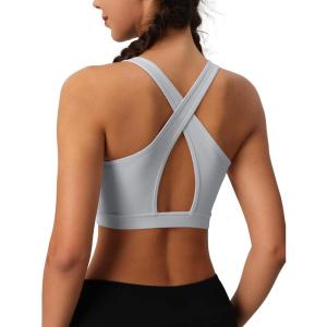imageMAGCOMSEN Womens Sports Bras Cross Back Wireless Padded Bra Wide Strap Low Impact MoistureWicking for Workout Gym YogaLight Grey