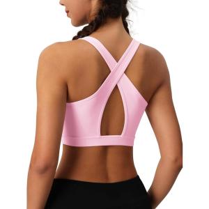 imageMAGCOMSEN Womens Sports Bras Cross Back Wireless Padded Bra Wide Strap Low Impact MoistureWicking for Workout Gym YogaLight Pink