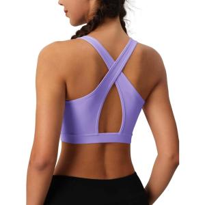 imageMAGCOMSEN Womens Sports Bras Cross Back Wireless Padded Bra Wide Strap Low Impact MoistureWicking for Workout Gym YogaLight Purple
