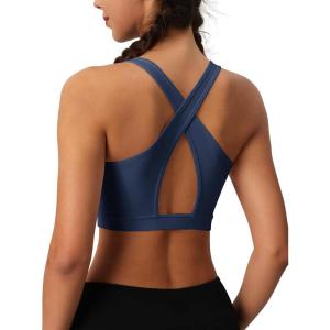 imageMAGCOMSEN Womens Sports Bras Cross Back Wireless Padded Bra Wide Strap Low Impact MoistureWicking for Workout Gym YogaNavy