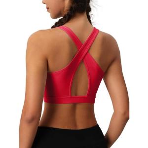 imageMAGCOMSEN Womens Sports Bras Cross Back Wireless Padded Bra Wide Strap Low Impact MoistureWicking for Workout Gym YogaRed
