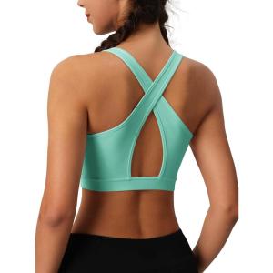 imageMAGCOMSEN Womens Sports Bras Cross Back Wireless Padded Bra Wide Strap Low Impact MoistureWicking for Workout Gym YogaWaterfall Green