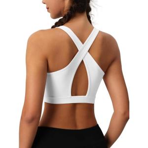 imageMAGCOMSEN Womens Sports Bras Cross Back Wireless Padded Bra Wide Strap Low Impact MoistureWicking for Workout Gym YogaWhite