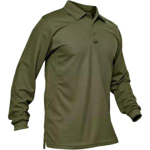 imageMAGCOMSEN Mens Polo Shirts 3 Button Quick Dry Performance Long Sleeve Tactical Shirts Pique Jersey Golf ShirtArmy Green